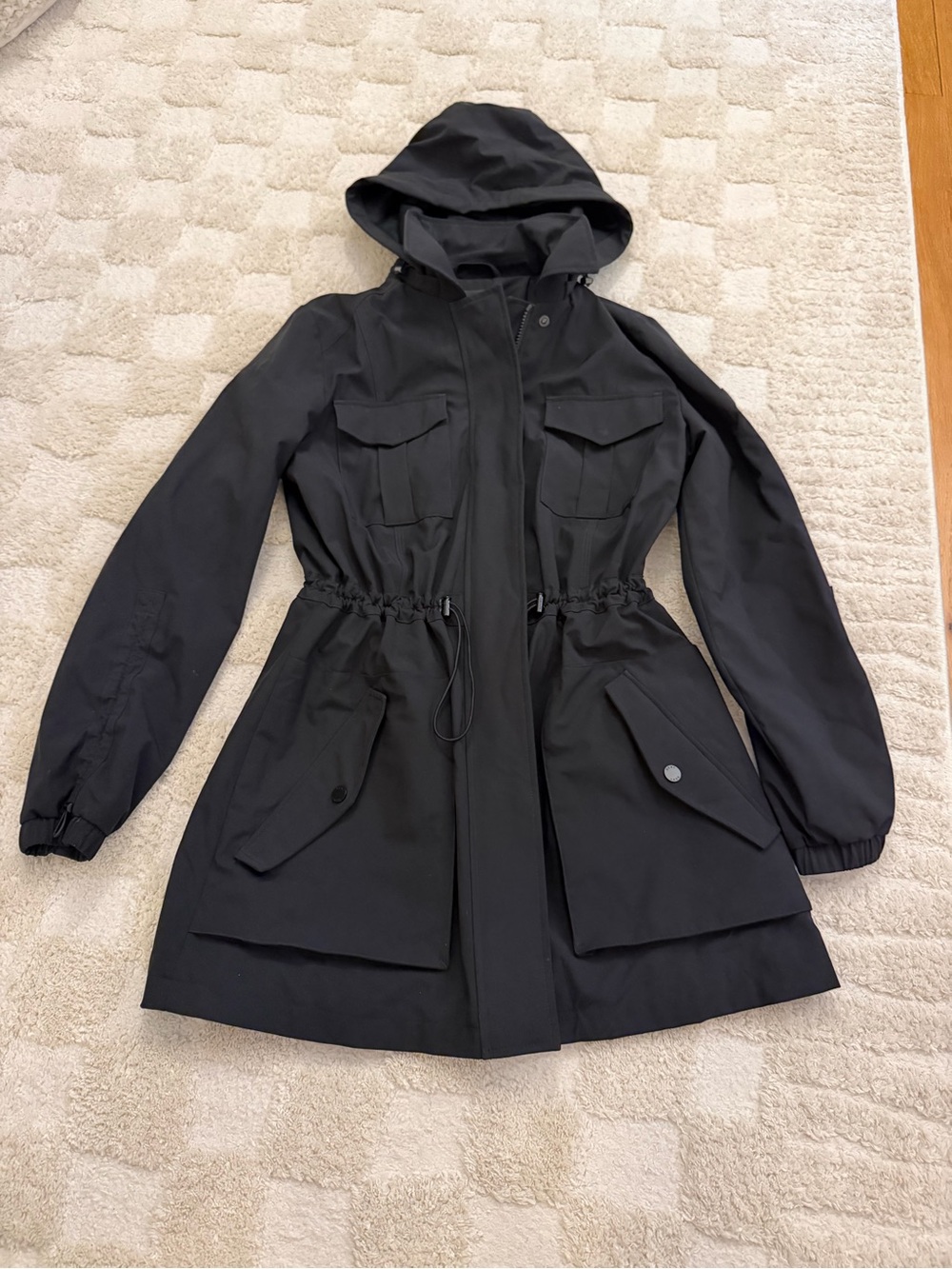 DKNY Black Hooded Utility Anorak with Drawstring Waist